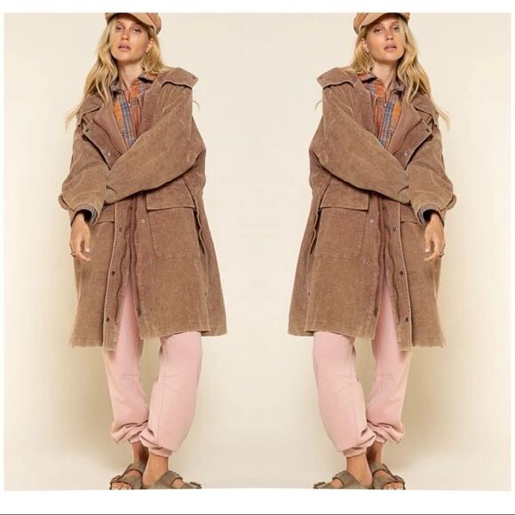 POL 𝅺corduroy Hooded Long Coat in Teddy Bear - Picture 1 of 12